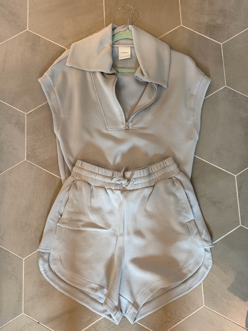 Varley Double Soft Sleeveless Half-Zip Top Shorts Set in Ice Blue XS/S